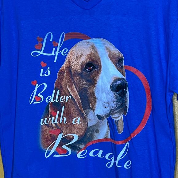 Graphic Tee Blue Life Is Better With a Beagle V-neck L New - Picture 3 of 4